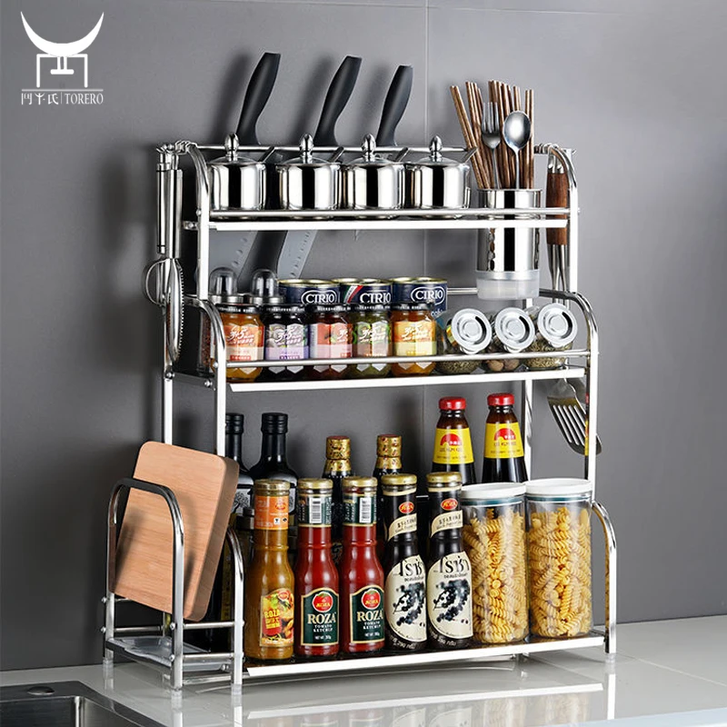 

Home kitchen desktop organizer shelves cabinet standing stainless steel spice rack metal seasoning rack