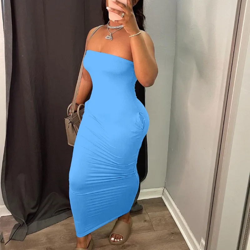 

Sexy Backless Summer Dresses Lady Fashion Summer Clothing Simple Pure Color Strapless Off Shoulder Woman Maxi Dress with Pocket, Pink,red,gray,brown,blue,black