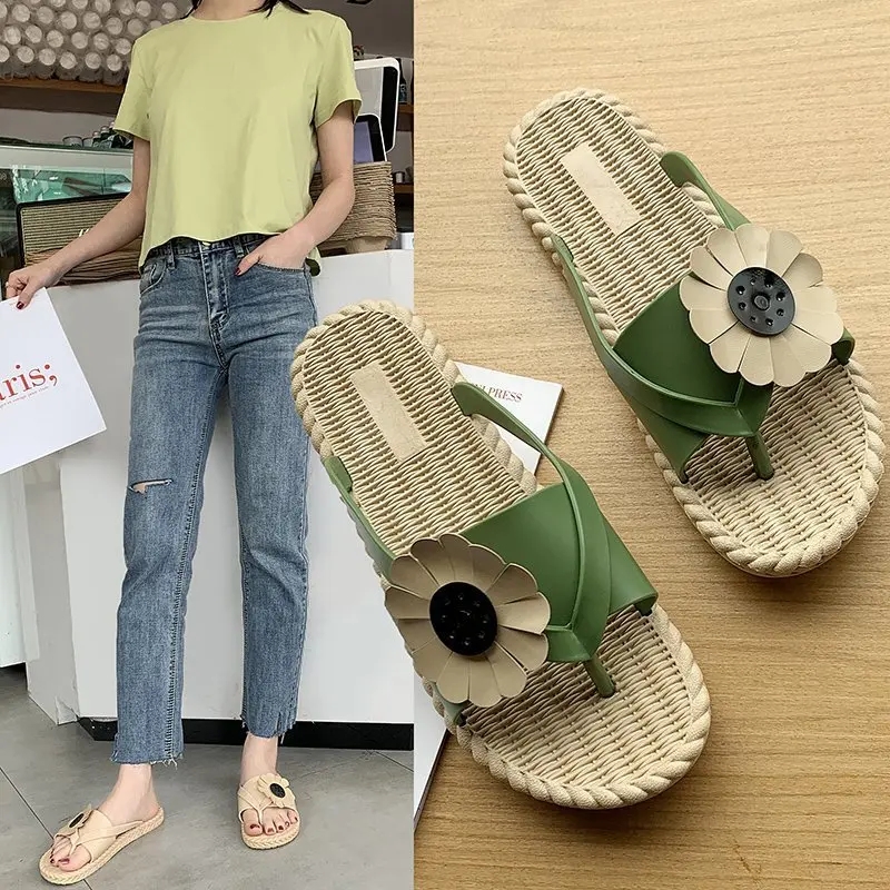 

Summer New Design Flower Flip Flops Women Ladies Sandals, Green black beige