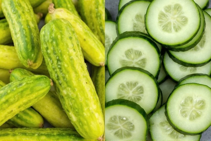 Cucumber and pickle placed on wooden board for display