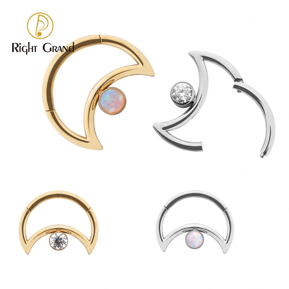 

Body Piercing Jewelry Astm F136 Titanium Mirror Polish Moon Bezel Set Zircon Opal Hinged Segment Nose Clicker Ring