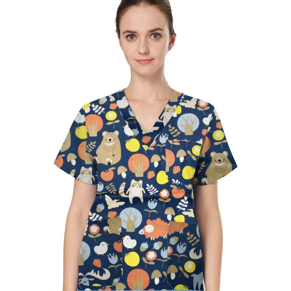 

Colorful Designs V-Neck Nurse Uniform Tops Short Sleeve Shirt, As pictured or customized