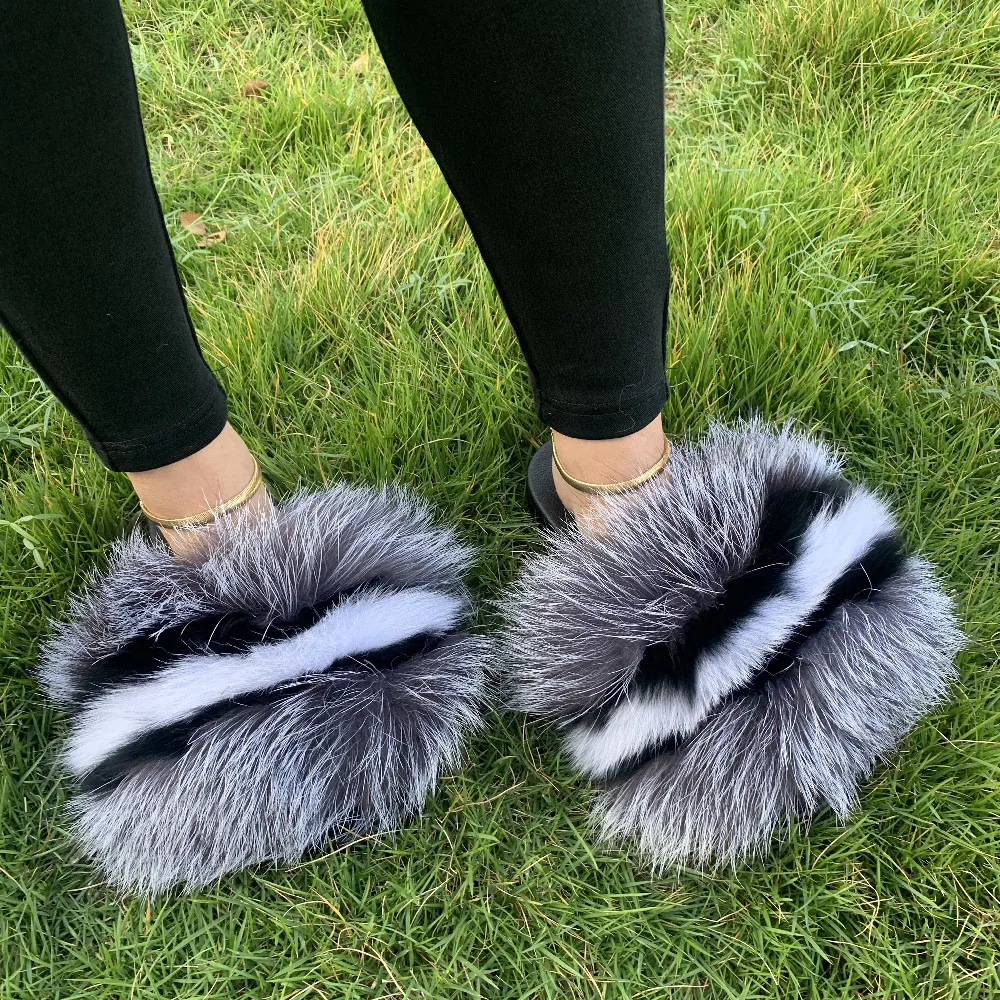 

Custom logo indoor pvc sole racoon furry fur slides sandal colorful 100% fluffy fox raccoon fur slipper for women, Customized color