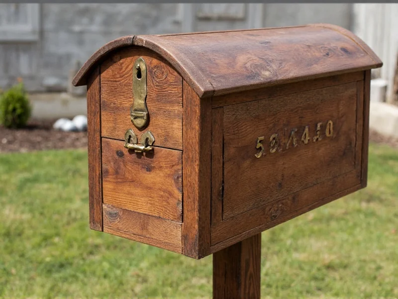 Reclaimed wood mailbox with brass numbers on rustic post