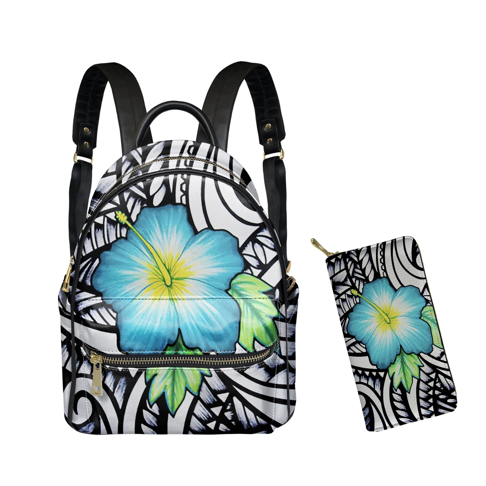 

Traditional Black White Polynesian Tribal Design Background Colorful Hibiscus Prints Bags Pack Casual Leather Backpack Customize