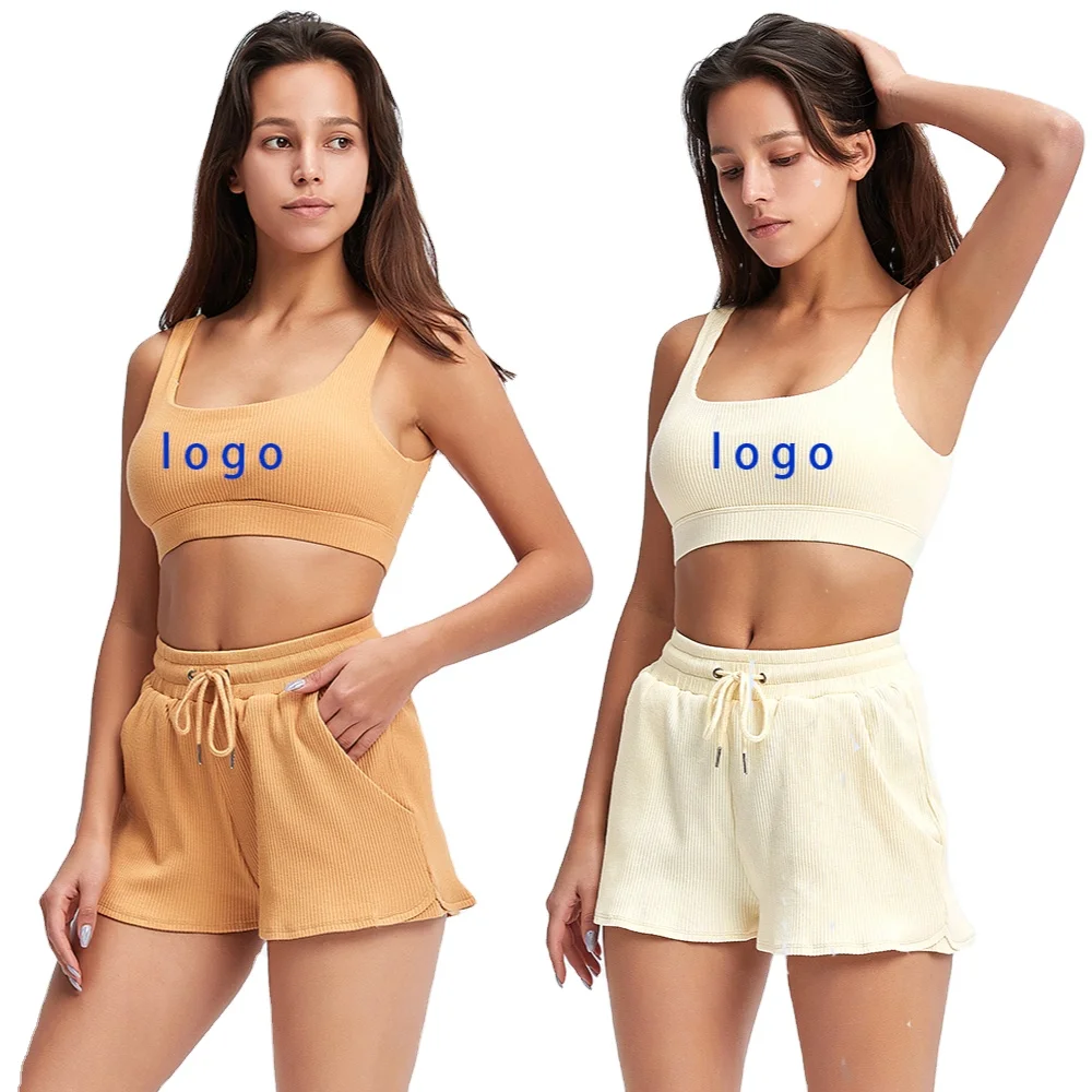 

Custom Tracksuit 2 Piece set Rib Sports Bra and short Suits Set, Customized color