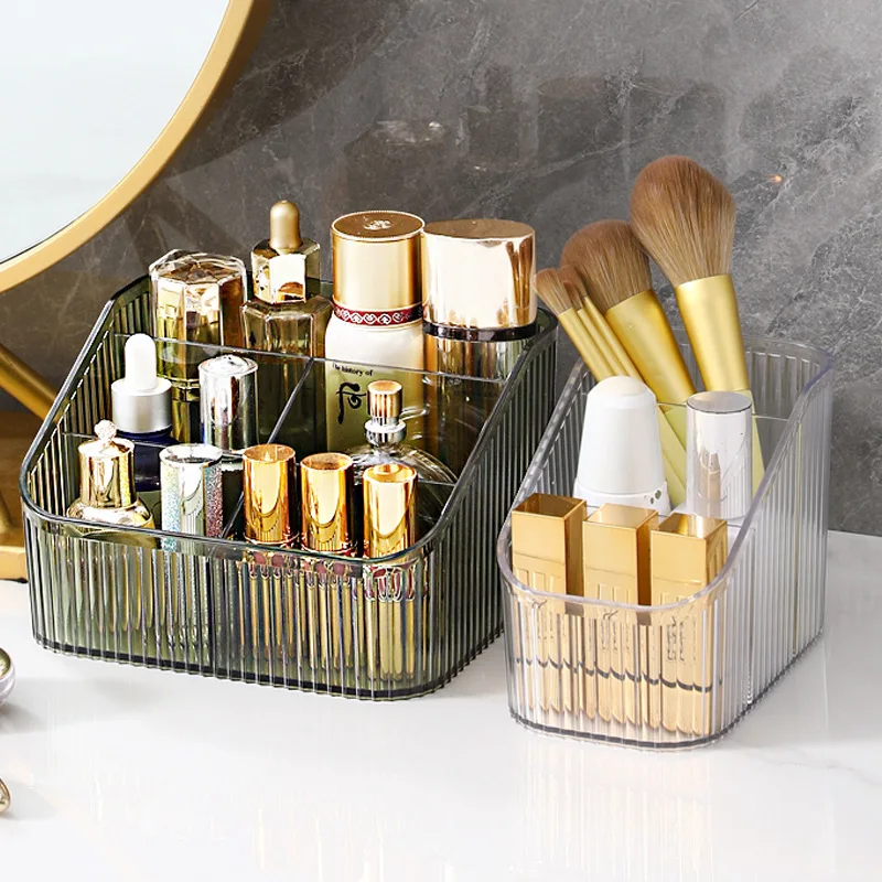 

Plastic Durable Makeup Storage Organizer Storage Drawers Stripe Multi-compartment Brush Lipstick Organizer Pen Holders