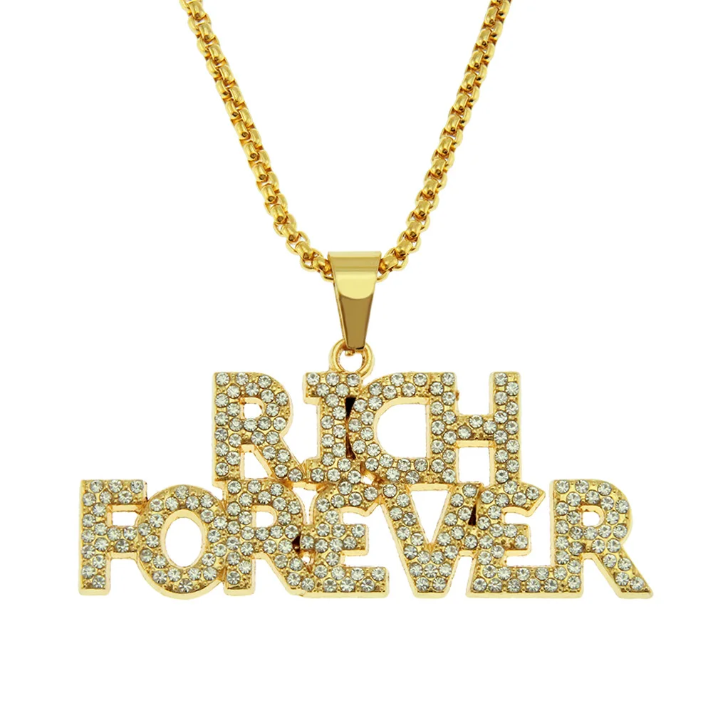 

Fashion Personality Hip Hop Wide Jewelry Iron Chain Three Dimensional Full Rhinestone Gold RICH FOREVER Letter Pendant Necklace