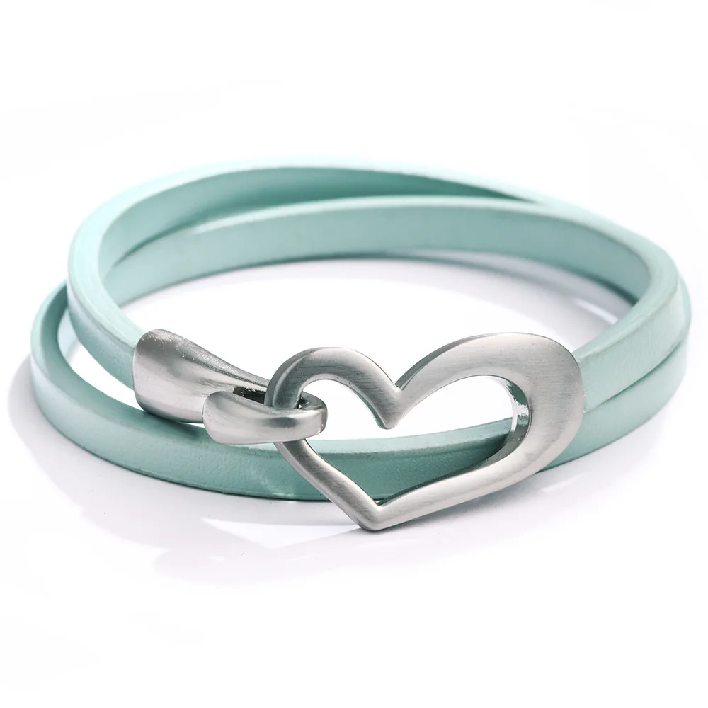 

New Arrived Jewelry Fashion Lady Heart Metal Two Layers Green Personalized PU Leather Necklace Bracelets For Women