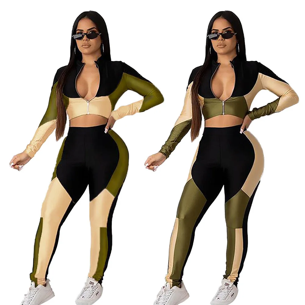 

FM-A6267 Fashionable color contrast women clothing 2019 outfit zipper long sleeve suit two piece set jogging wear, As pictures