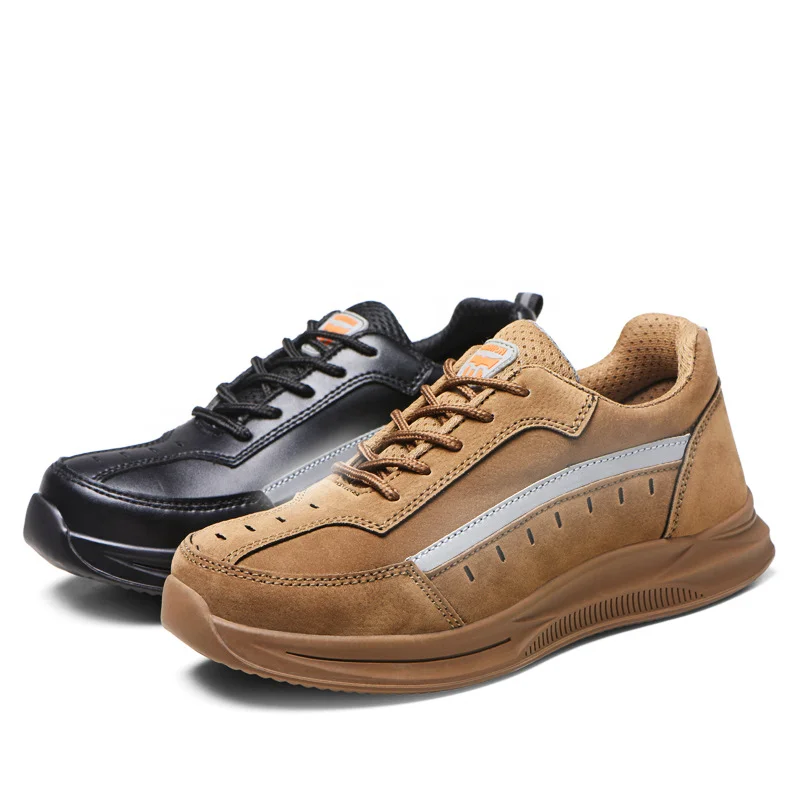 

leather summer protective safety shoes fashion breathable lightweight safety work shoes, Khaki,black