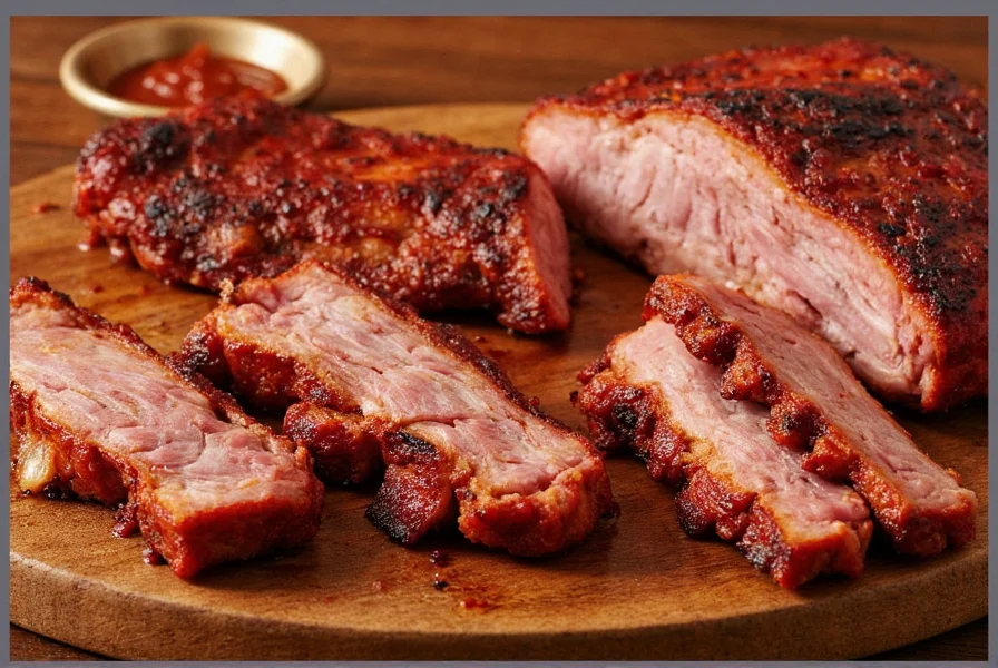 Assorted pork rib cuts on a wooden table