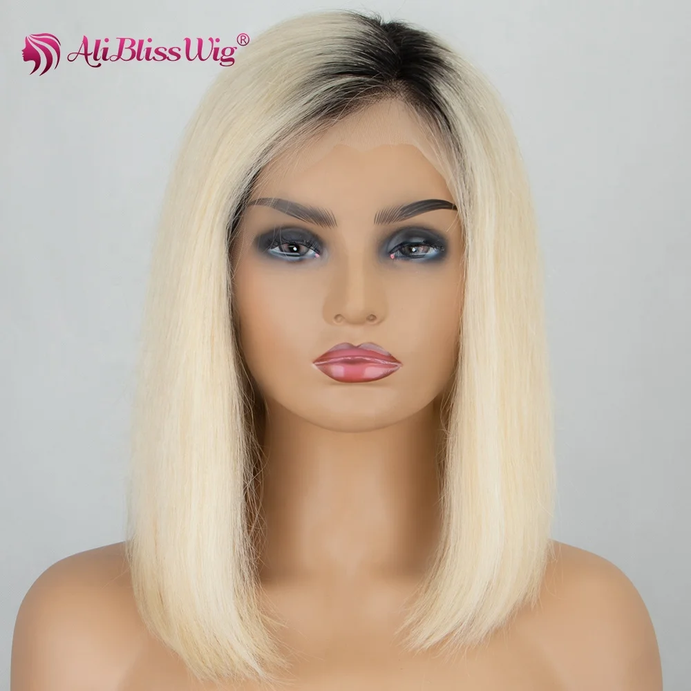 

Aliblisswig wholesale 100% Human Hair Natural Hairline Wigs Natural Color Roots Ombre 613 Short Bob wigs Lace Front Wigs