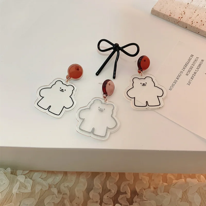 

OUYE 2021 Korean retro geometric color earrings girlish style bear acrylic earrings cartoon transparent bow earrings women, Colorful