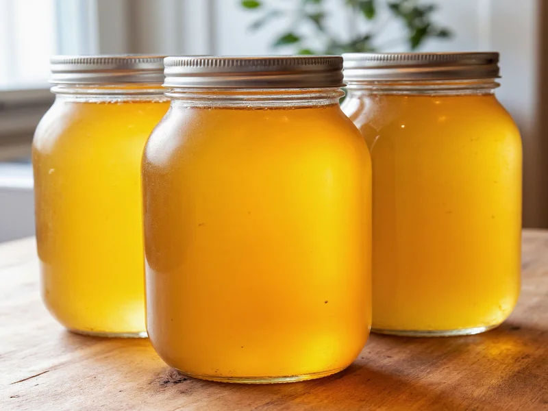 Glass jars filled with golden homemade chicken broth for freezing