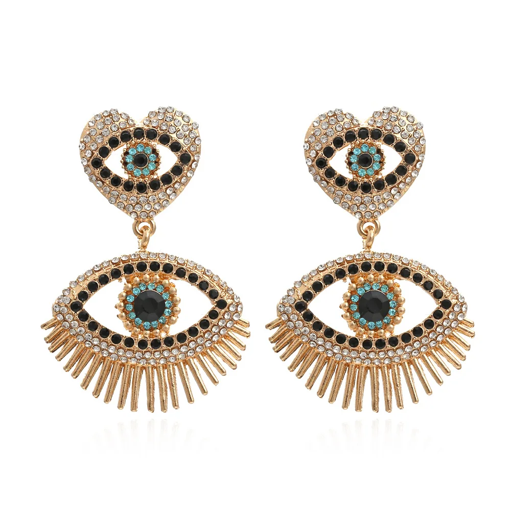 

2021 Vintage Popular Best Sale Exaggerated Design Luxury Rhinestone Crystal Tassel Evil Eye Earrings, 1 colors