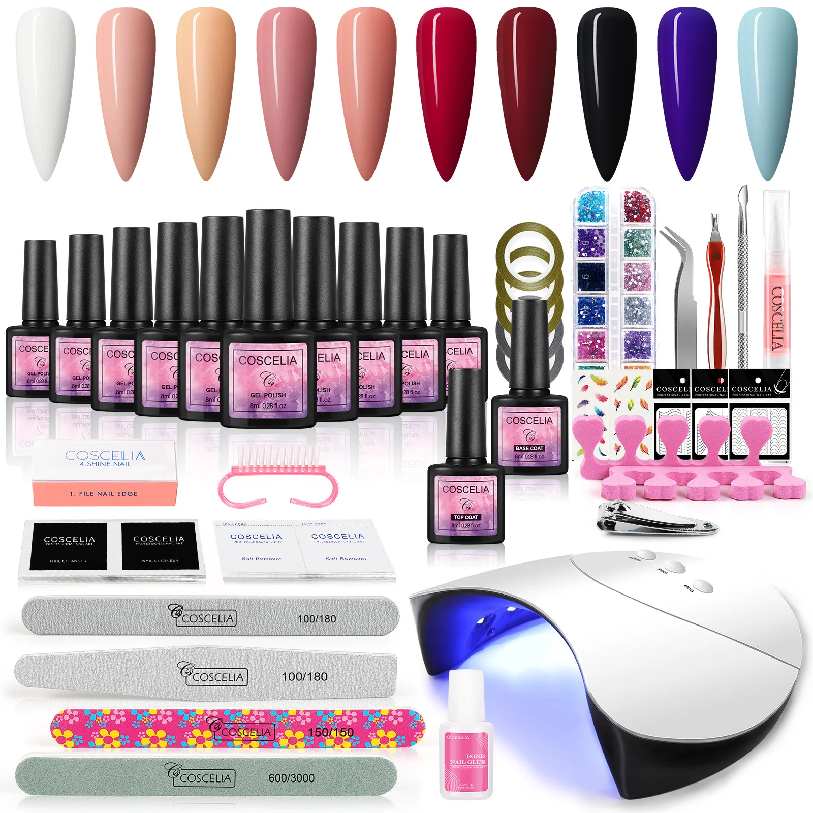 

COSCELIA Hot Selling UV Gel Nail Polish Kit Set with UV Lamp Beginner Nail Art Product, 10 colors