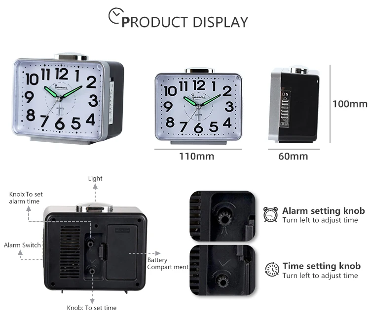 Ce Rohs Quartz Alarm Clock Night Light Clock Table Desk Luminous