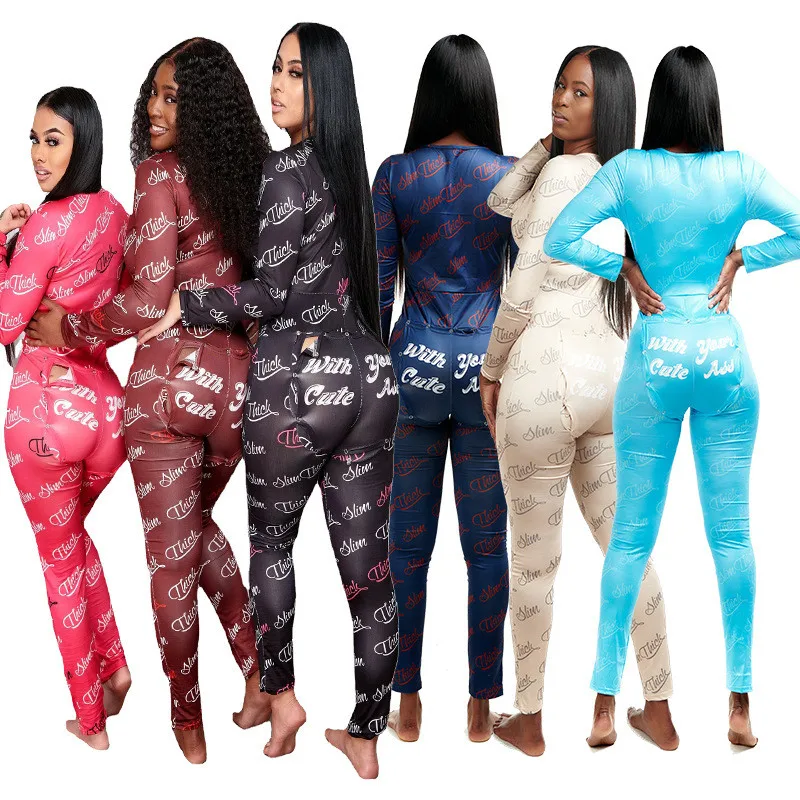 

2022 Valentines Day Long Pants Sleepwear Onsies Sexy Jumpsuit Pajama Butt Flap Bodycon Stretchy Onesie With Butt Flap For Women, 6 colors