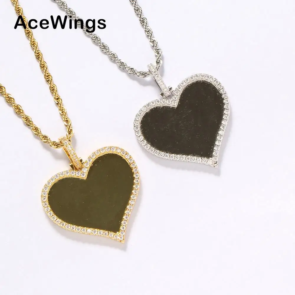 PP08  Heart Photo pendant Brass Setting CZ Hip Hop Necklace Iced out Jewelry