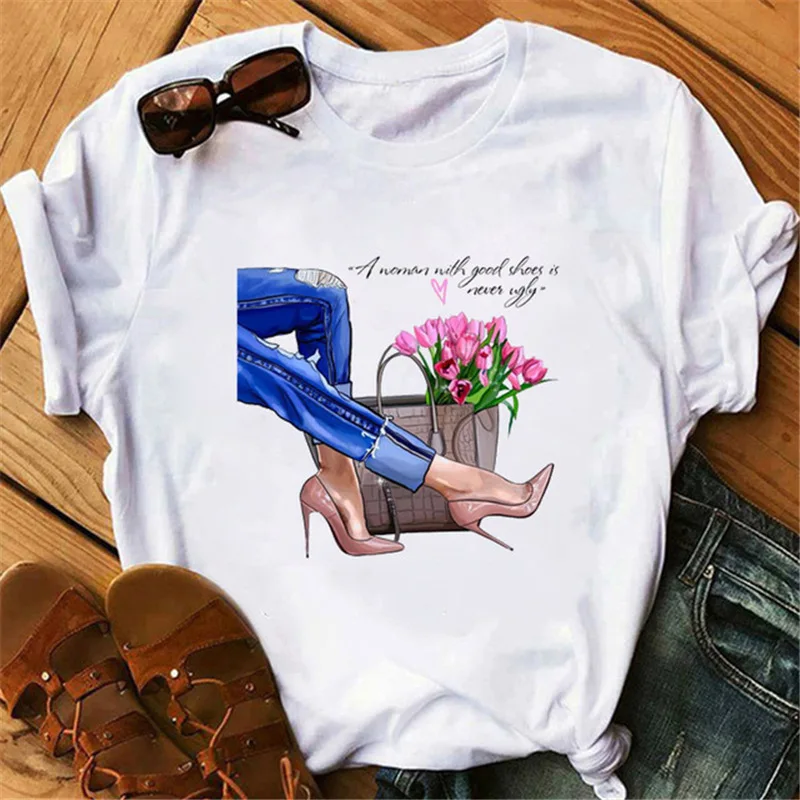 

Hot Sale New Street Style Women Casual Short Sleeve O-neck Cotton T shirt Leopard High-heeled Printed Graphic Tees Female