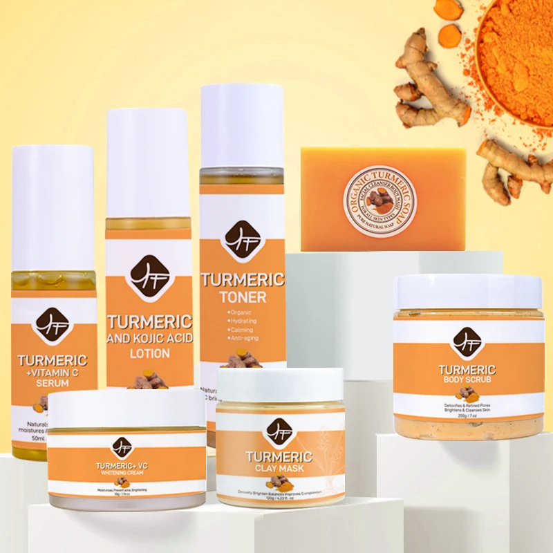 

Private Label Organic Vitamin C Turmeric Face Skin Care Set with Body Scrub Face Cream Toner Serum Lotion