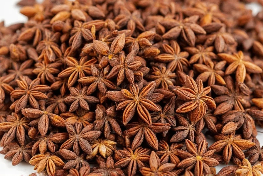 Whole star anise pods arranged on wooden cutting board with close-up detail