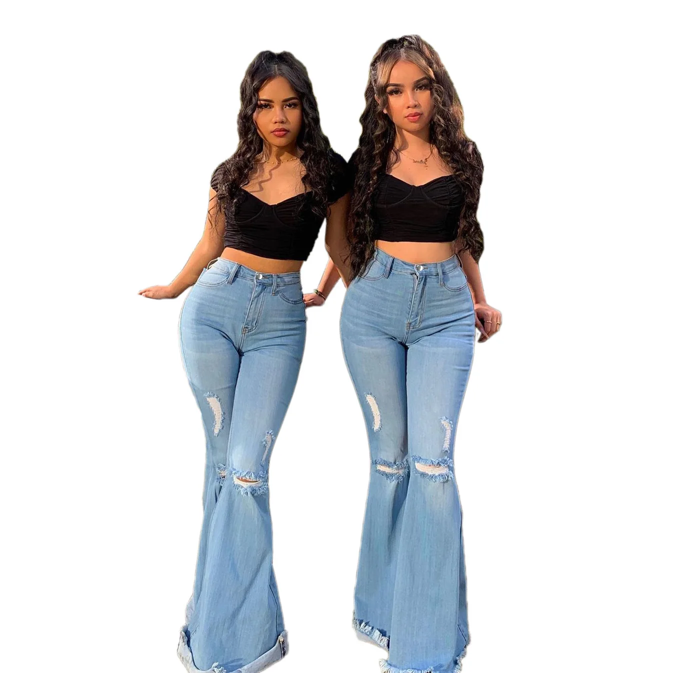 

Fashionable and new style versatile personalized ripped flare stretchy jeans high rise jeans tassel jeans, Blue