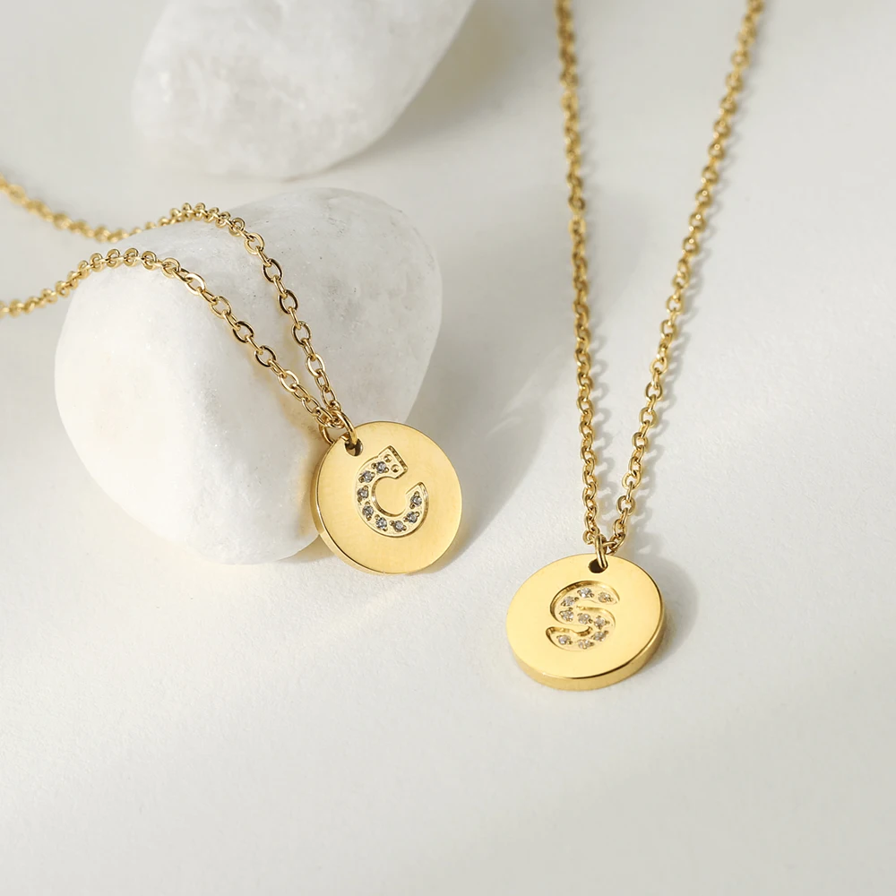 

JUJIE Adjustable large capital necklace 14K gold plated necklace round zircon letter necklace stainless steel for women, Silver/gold/rose gold