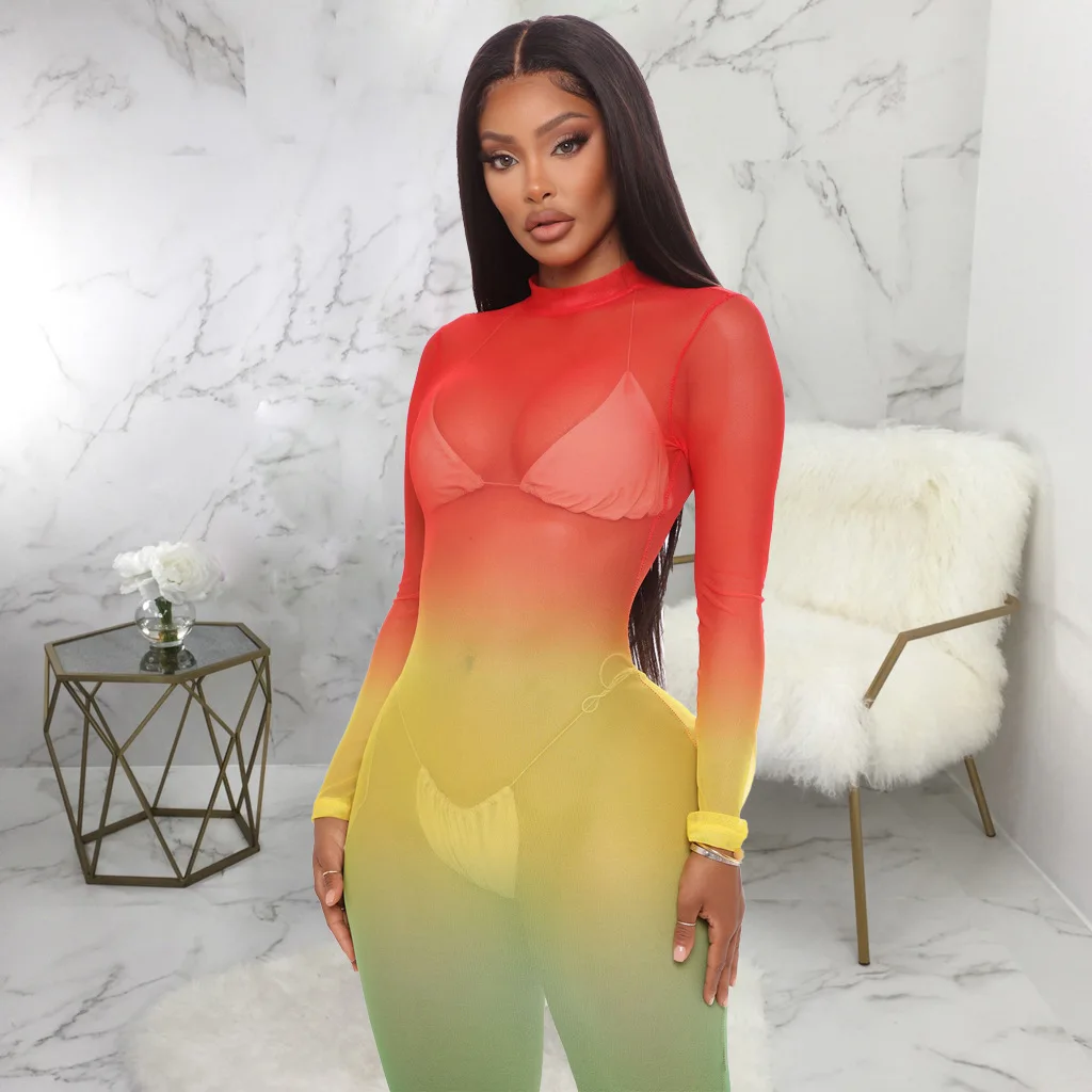 

Hot Selling Pleat Bodysuit Long Sleeve One Piece High Neck Gradient Print Bathing Suits Women Beachwear Dress