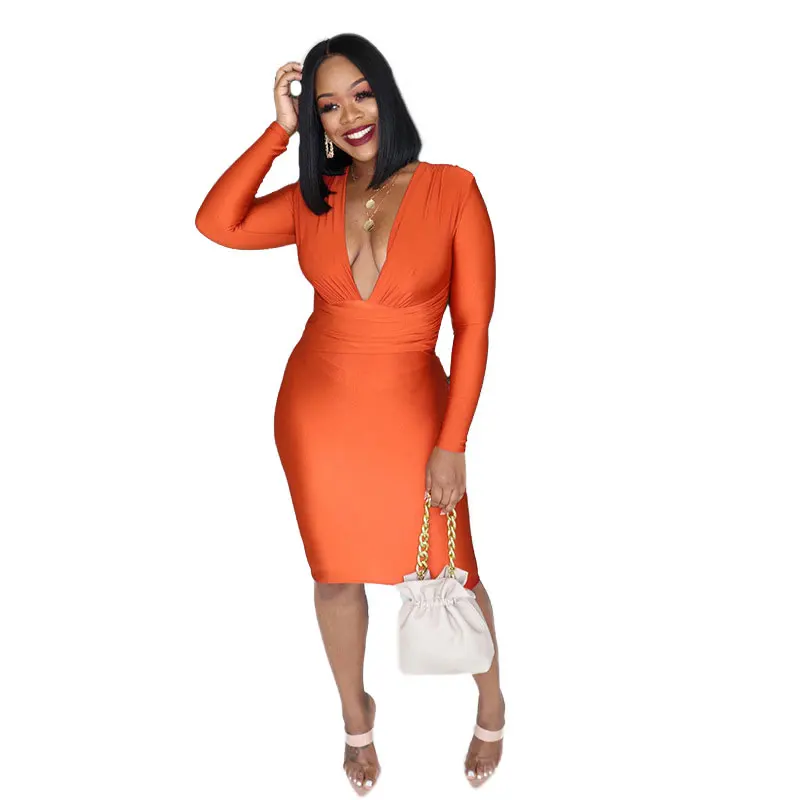

20401-MX21 solid color design sehe fashion deep v bodycon mini dress