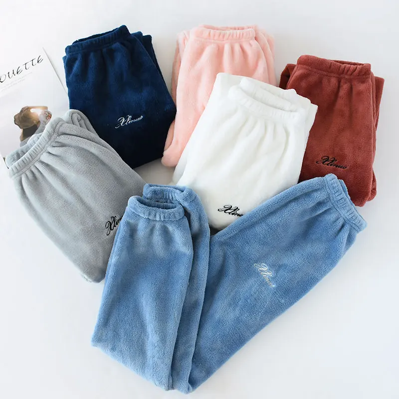 

JULY'S SONG Winter Flannel Long Pants Homewear Casual Elastic Waist Solid Sleepwear Bottoms Couples Thicken Warm Loose Pants, Pink white gray blue orange