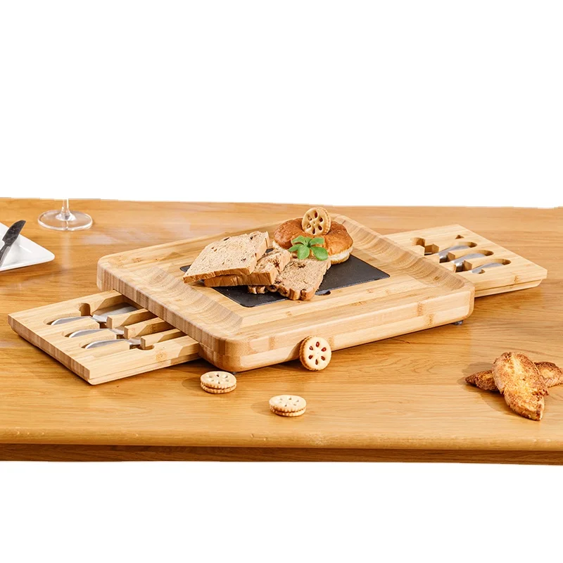 

Bamboo Cheese Board Set With Cutlery In Slide-out Drawer With Stainless Steel Knives Cheese Tray Unique Gifts, Natural