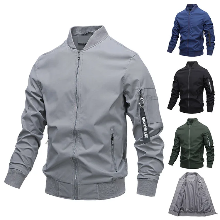 

Spring Autumn Custom Solid Color Long Sleeve Casual Bomber Stand Collar Zipper Baseball Men's Sport Jackets