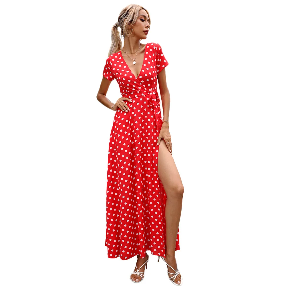 

Summer Women Polka Dot Pattern Fashion Elegant Polka Dot Slits Short Sleeve Maxi Dress Beach Party High Slit Sexy Deep-V Dress