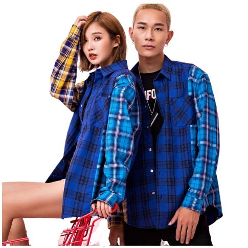 

New high street Custom embroidery Streetwear irregular contrast color block casual cotton plaid flannel mens shirts, We have many plaid pattern and color in stock, contact us to know more