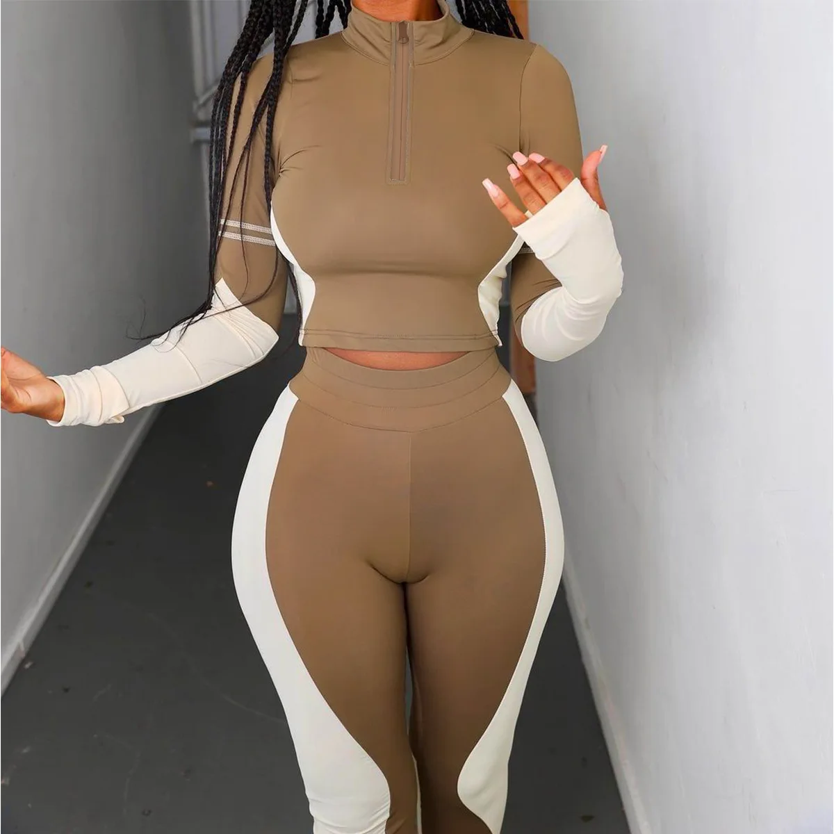 

X01972C 2 Piece Outfits Women Hot Letter Zipper Tracksuit Spring Turtleneck Tops And Legging Sets Femme Casual Sport Matching, Black