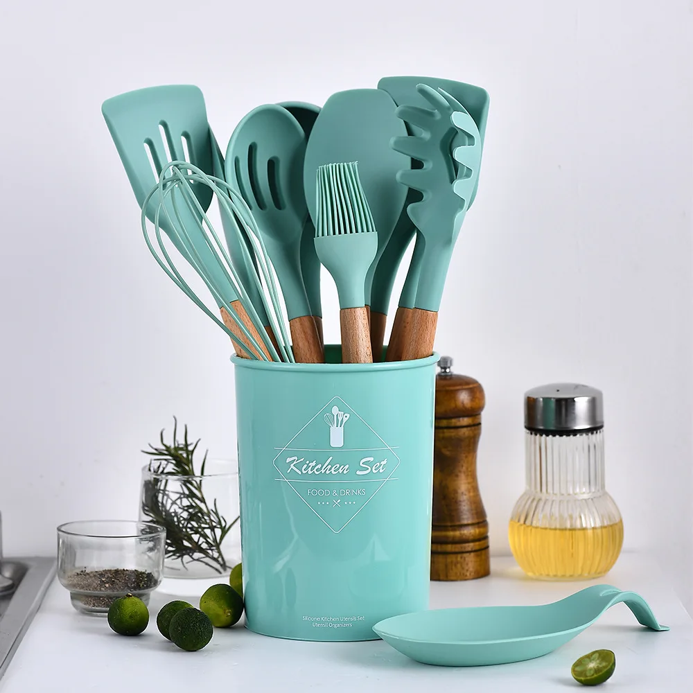  Kitchen  Utensils Set  With Holdster 11pcs Natural Wooden 