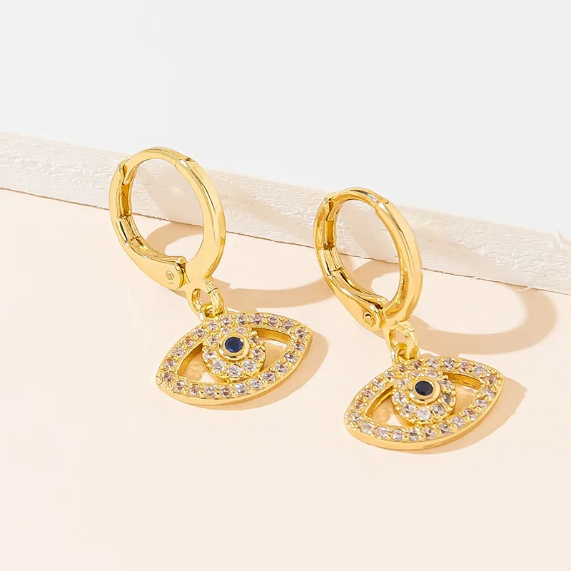 

Fashion New 18K Real Gold Plated Micro Pave CZ Evil Eyes Earrings Turkish Blue Eye Hoop Earrings For Girl Women