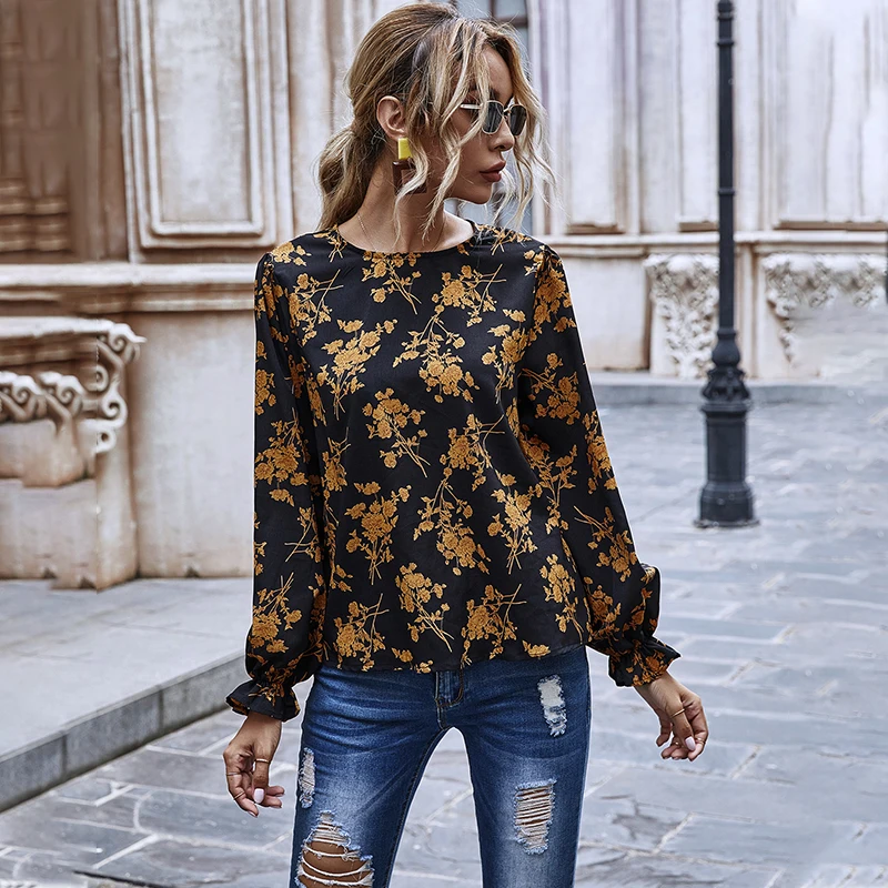 

2020 Fall New Women Pullover Long Puff Sleeve Pullover Blouse Shirts Ladies Casual Fashion Floral Shirt Blouse Tops