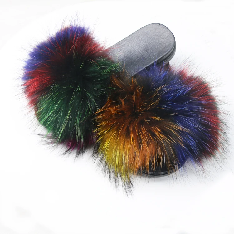

Women's Fashion Raccoon Shoes Custom Logo Fox Fluffy Fur Soft Sandals Wholesale Women Slippers Natural Color Fur Slides