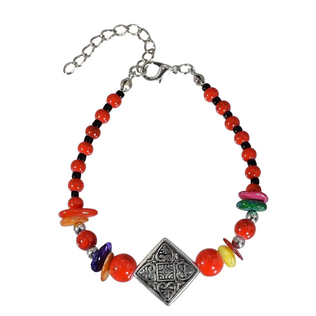 

Red Beads Adjustable Chain Bracelet for Woman Girls Silver Chain Beach Bracelet Bohemian Jewelry