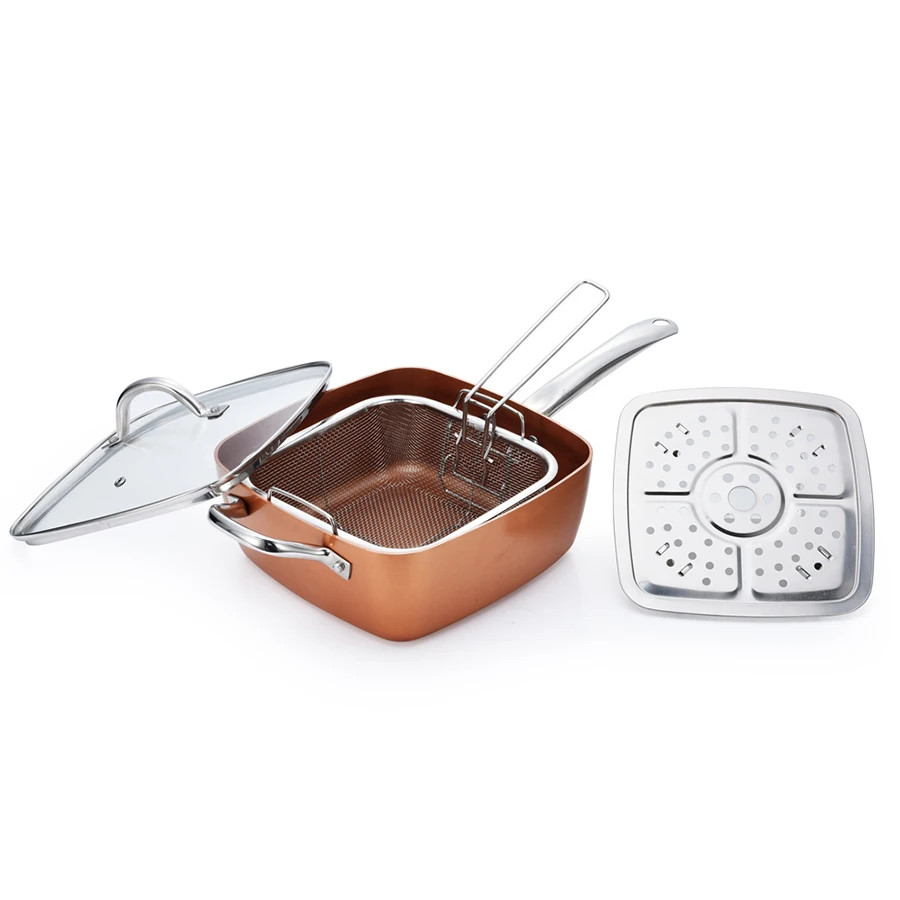 

Factory aluminum induction copper ceramic square pan Steam Rack 4 Piece square cooing pot with lid