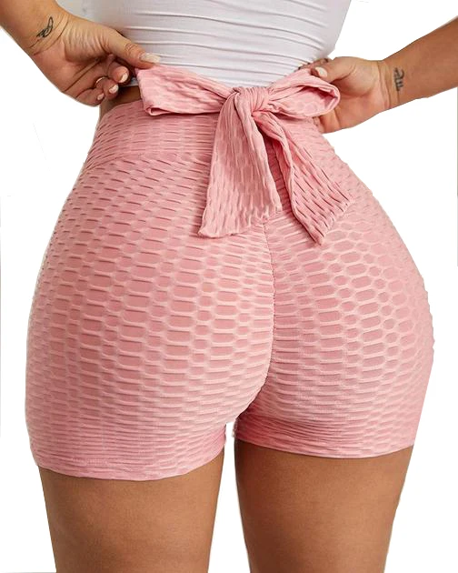 

Quick Dry Elastic Workout High Waist Yoga Slimming Sports Bow Tie Textured Butt Lifting Women Shorts