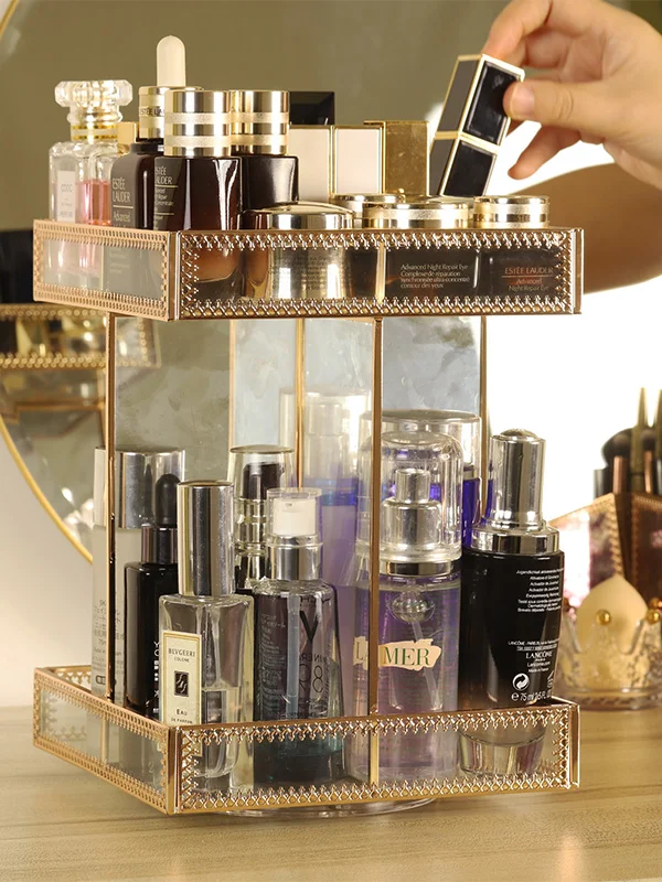 Luxury Clear Glass Gold 360 Rotating Makeup Perfume Storage Case Beauty