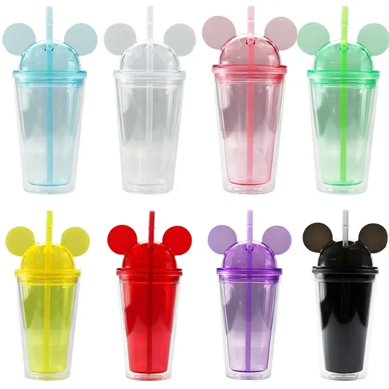 

D132 Wholesale Custom Double Walled Summer Plastic Acrylic Clear Water Tumbler 16oz 20oz Cats Ears Lid Tumbler Cup