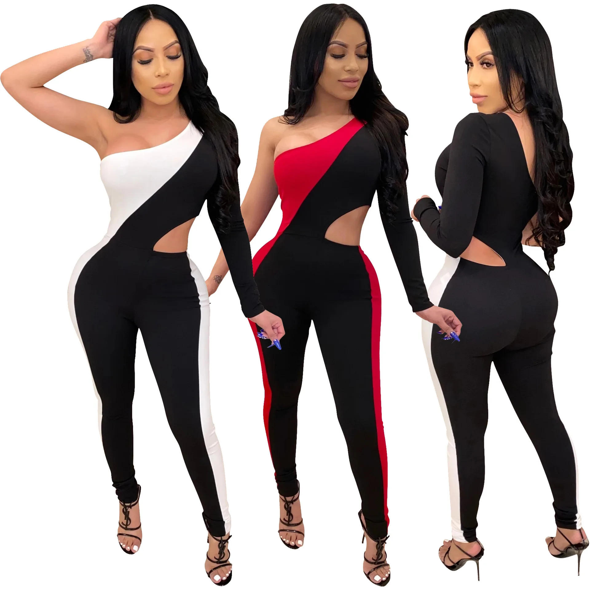 

2021 New trendy patchwork sexy club wear hollow out women jumpsuits and rompers