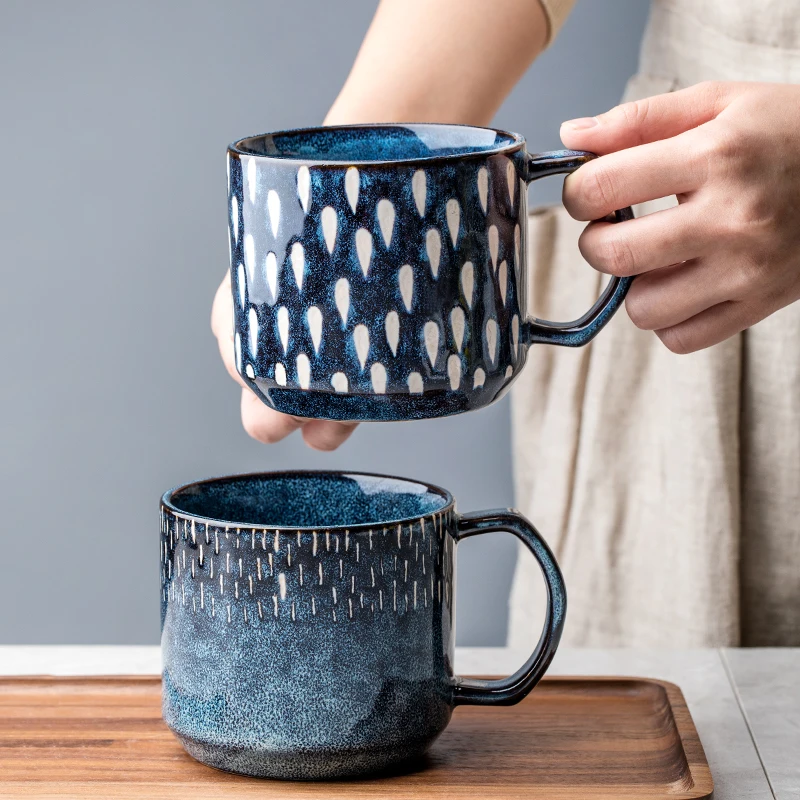 17oz Stackable Reactive Glaze Ceramic Coffee Mugs With Hand Painted