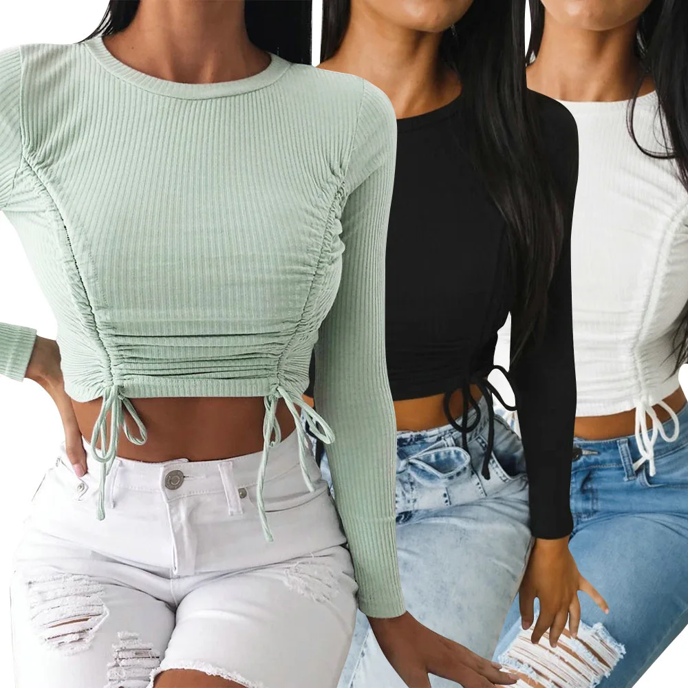 

Women Casual Tops Autumn O Neck Long Sleeves Pullover Short Waist Drawstring Crop Tops Solid Color Female Blouse