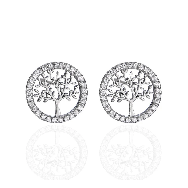 WMYC152 Round Disc Circle Family Wishing Tree of Life Stud Earrings for Women for Teen Girls CZ 925 Sterling Silver